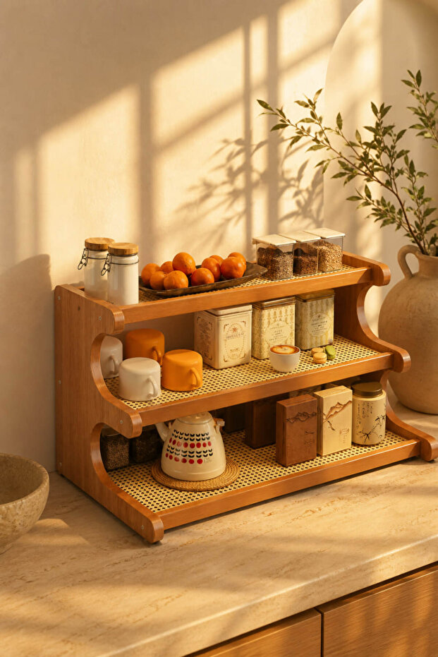 Multi-Functional 3-Tier Bamboo Shelf Rustic Bohemian Kitchen Bathroom and Coffee Corner Shelf