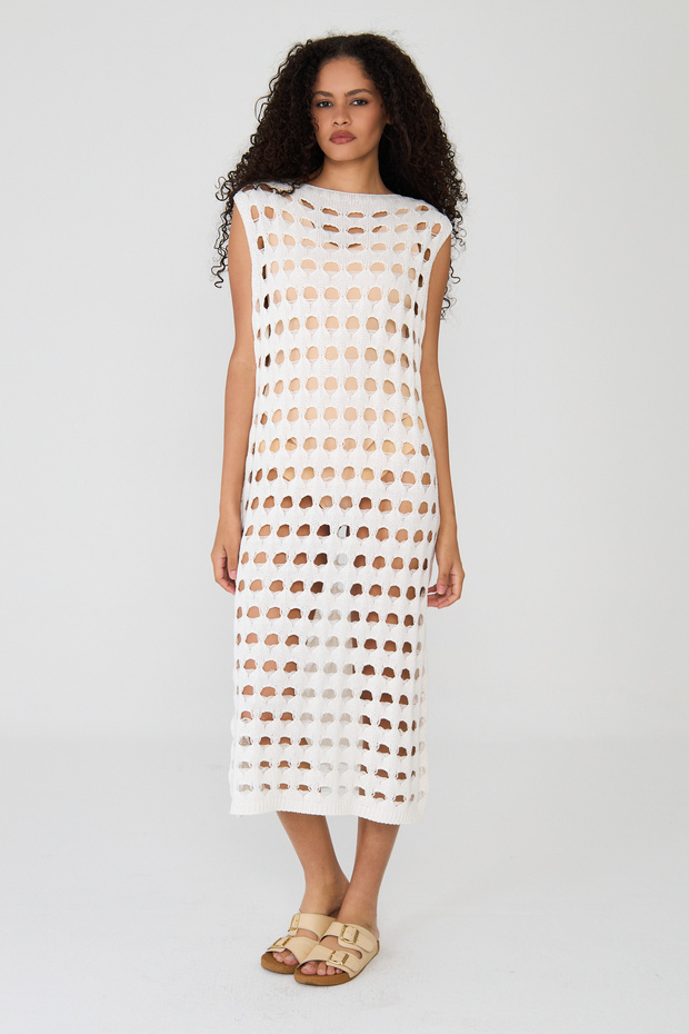 Women's Ecru Hole Detailed Openwork Knitwear Beach Dress