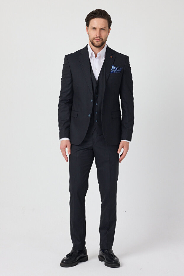 Leon Men's Dark Navy Blue Italian Striped Jacket+Pants+Vest Slim Fit Suit