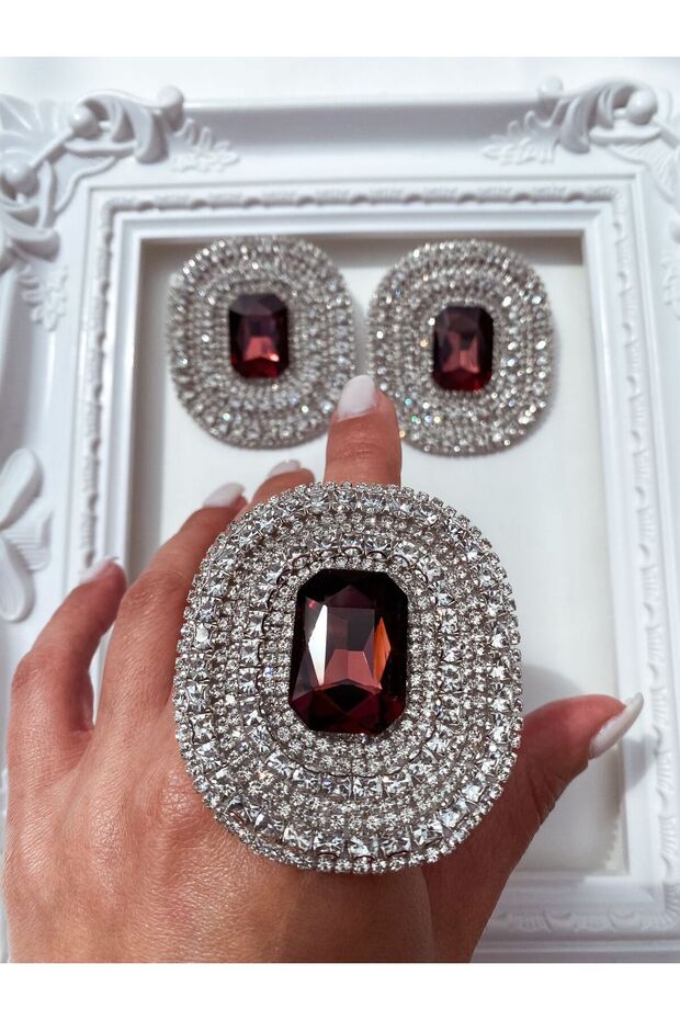 Special Design Burgundy Stone Evening Dress Ring Earring Set