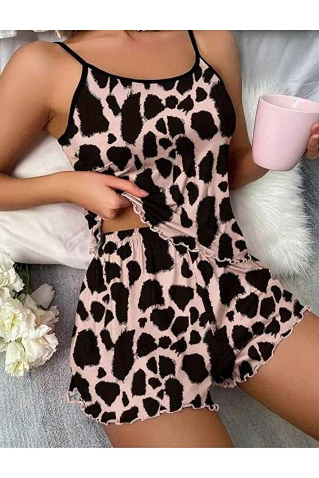 Leopard Patterned Strap Shorts Pajama Set