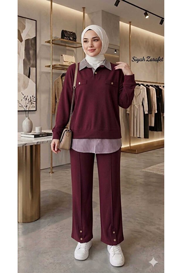 Women's Polo Collar Shirt Looking Like a Hijab Outfit, Top and Bottom Set