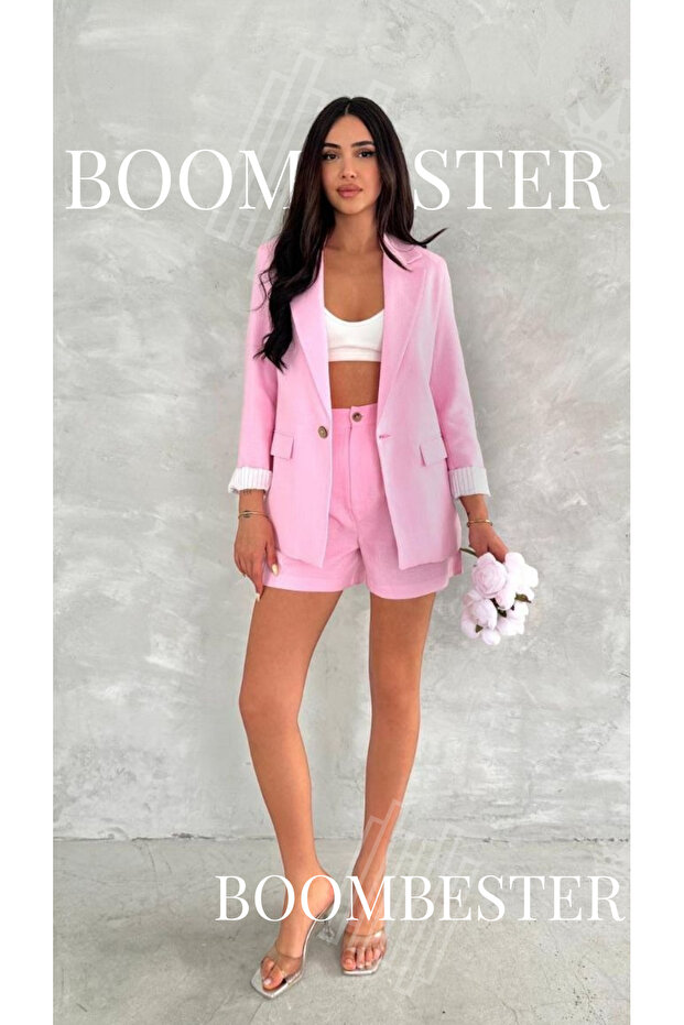Women's Flam Linen Lined Blazer Summer Jacket – Striped Lining Detail Comfortable Fit Slim Jacket