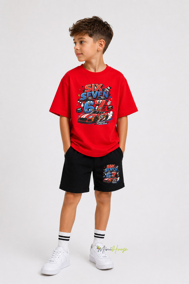 67 Printed Six Seven Car Shorts T-Shirt Set