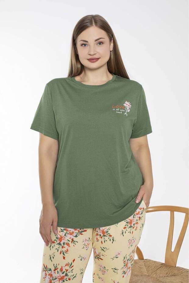 Green Floral Print Short Sleeve Plus Size 100% Cotton Pajama Set – Relaxed and Comfortable Loungewear for Home