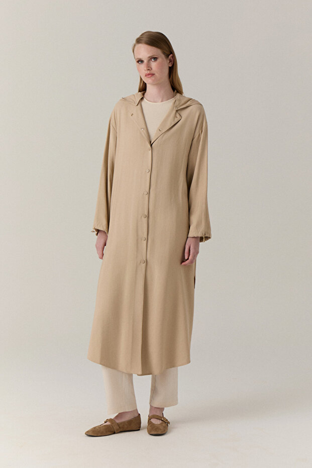 Hooded Buttoned Lace-Up Beige Giy Çık 0019