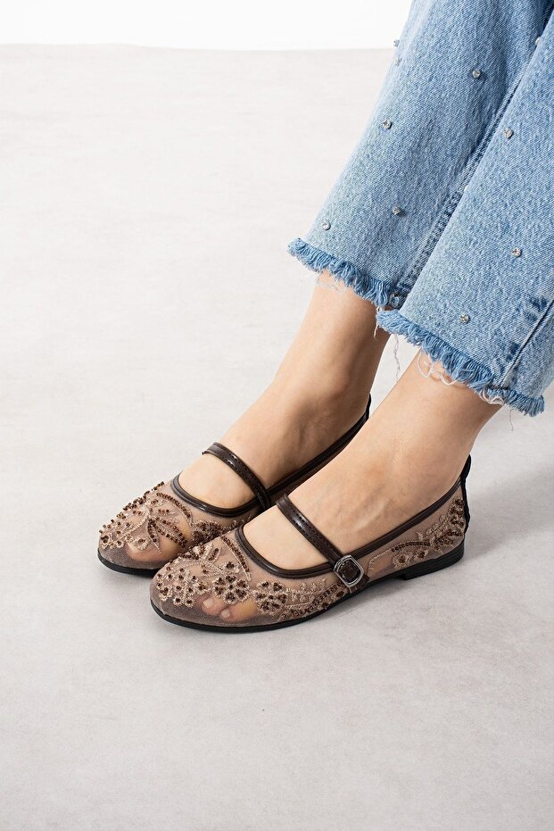 Pavia Brown Tulle Embroidered Beaded Belted Premium Ballerinas