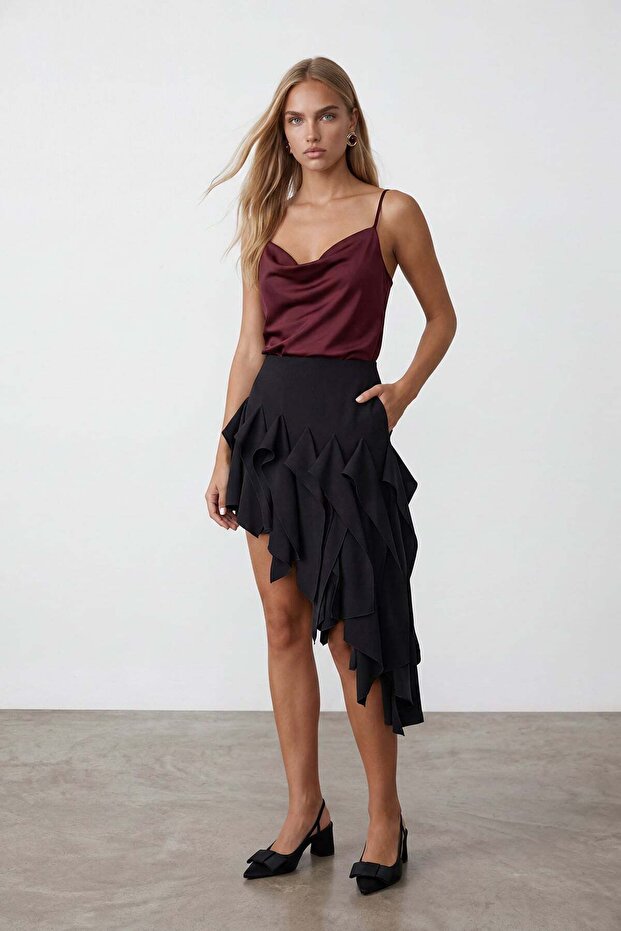 Burgundy Degaje Collar Rope Strap Sandy Fabric Blouse Alc-X13448