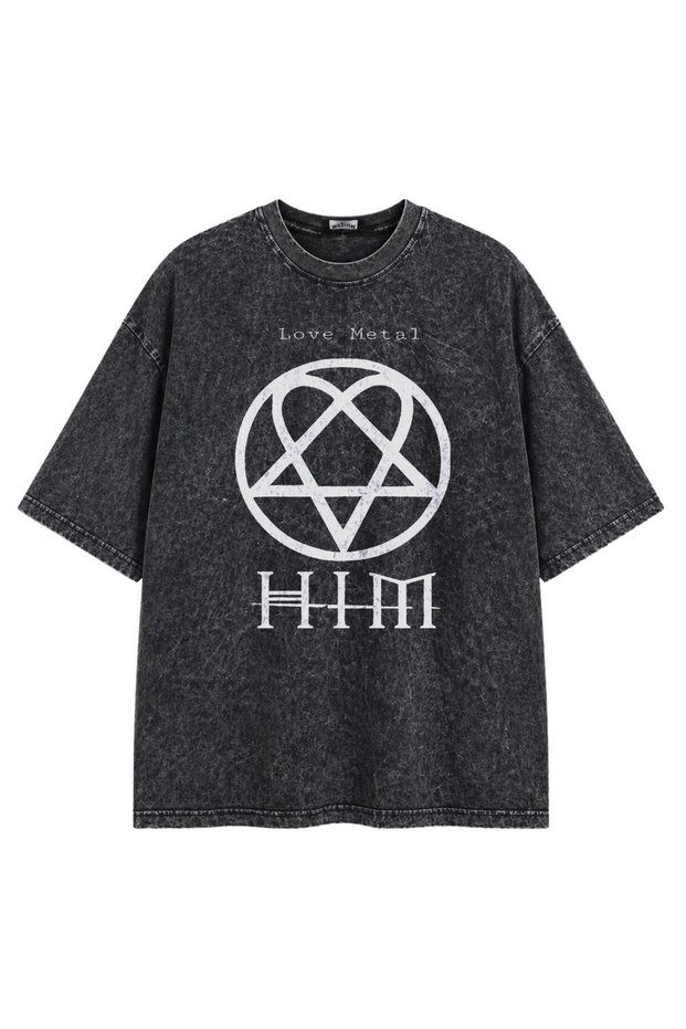 Unisex Oversize Rock Band Him Love Metal Printed Washed T-Shirt