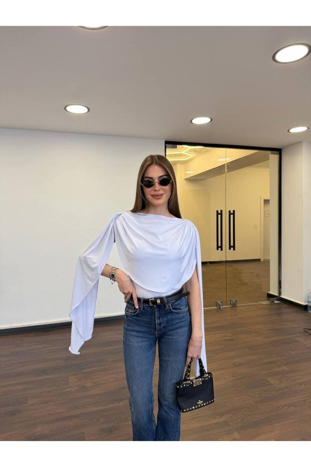Women's New Season Best-Selling Viral Shoulder Detailed Cape Bodysuit White Blouse