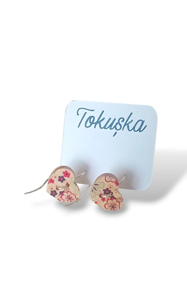 Wooden Heart Shaped Purple Pink Floral Pattern Printed Button Dangle Earrings
