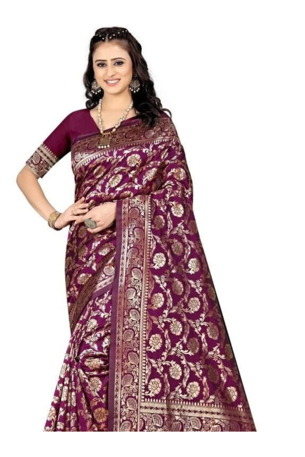 Maroon Kanjeevaram Saree with Ethnic Motifs & Zari Work - MAF3097 | Maroon