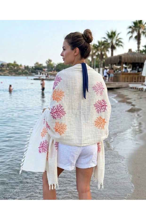100% Cotton Muslin Peshtemal Beach Towel Orange Coral 90X180 Cm.