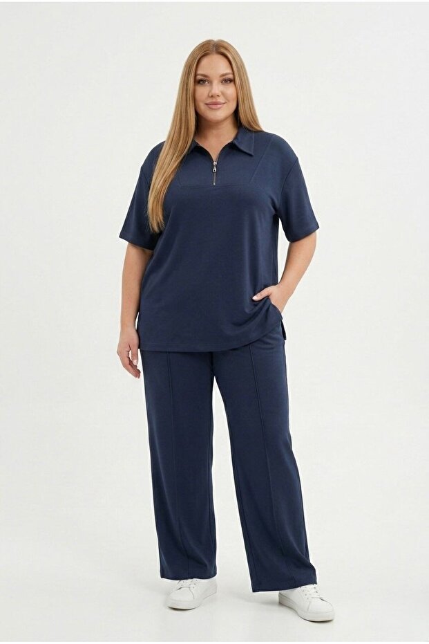 Women's Plus Size Short Sleeve Half Zip Polo Collar Tracksuit Set 8262-26
