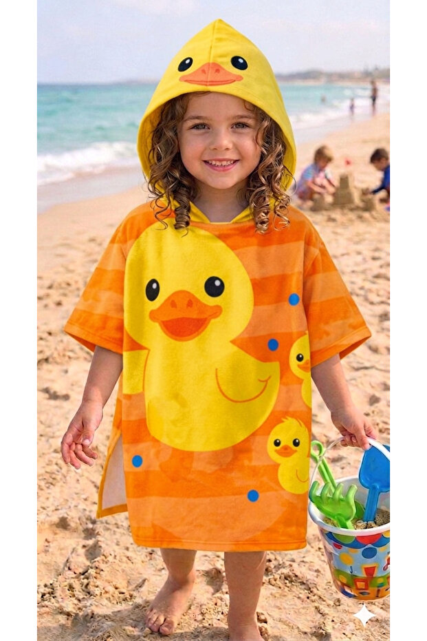 Children's Hooded Beach Poncho - Printed Sea and Pool Bathrobe