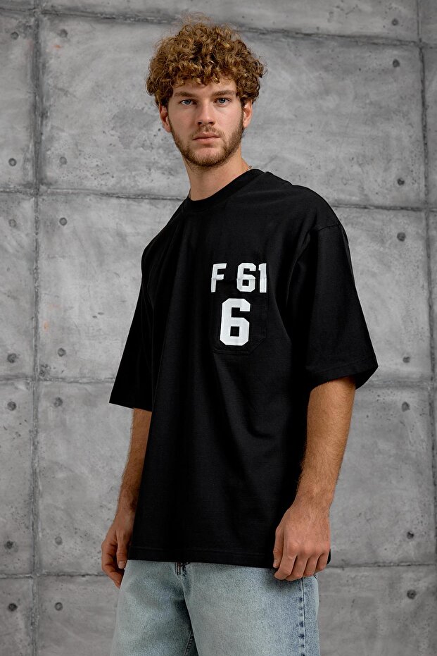 Men's T-Shirt F61 Print Black Oversize Printed Crew Neck Cotton
