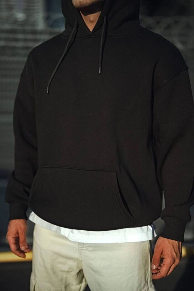 Three Thread Combed Cotton Hooded Basic Sweatshirt - Black - - 3
