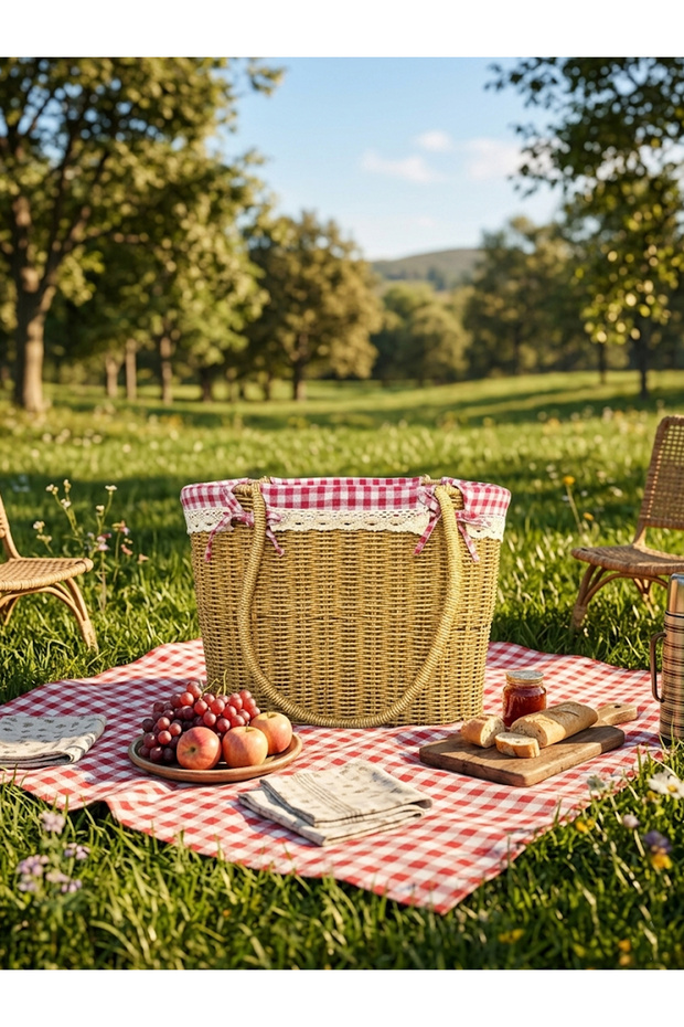 Straw Beach and Picnic Bag - Red Gingham Lined, Lace Detailed