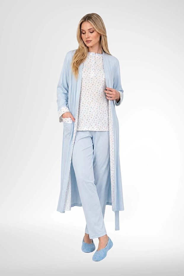 Women's Plus Size Floral Patterned Long Sleeve Dressing Gown Pajama Set: 3 Pieces (Bottom, Top, Long Dressing Gown) 3-Piece Set 100% Cotton
