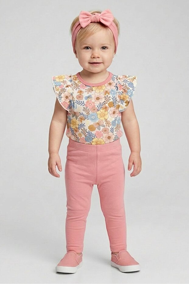 Toddlers Girl 3 Pieces Bodysuit And Leggings Set With Headband, Multicolor