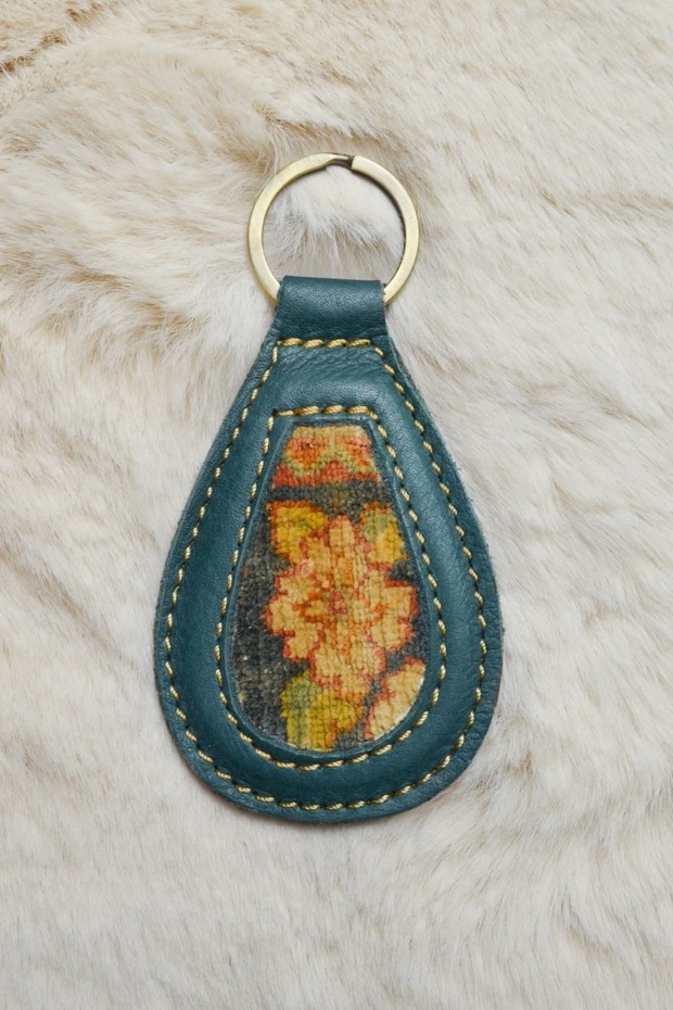Handmade Green Color Keychain from Antique Silk Carpet