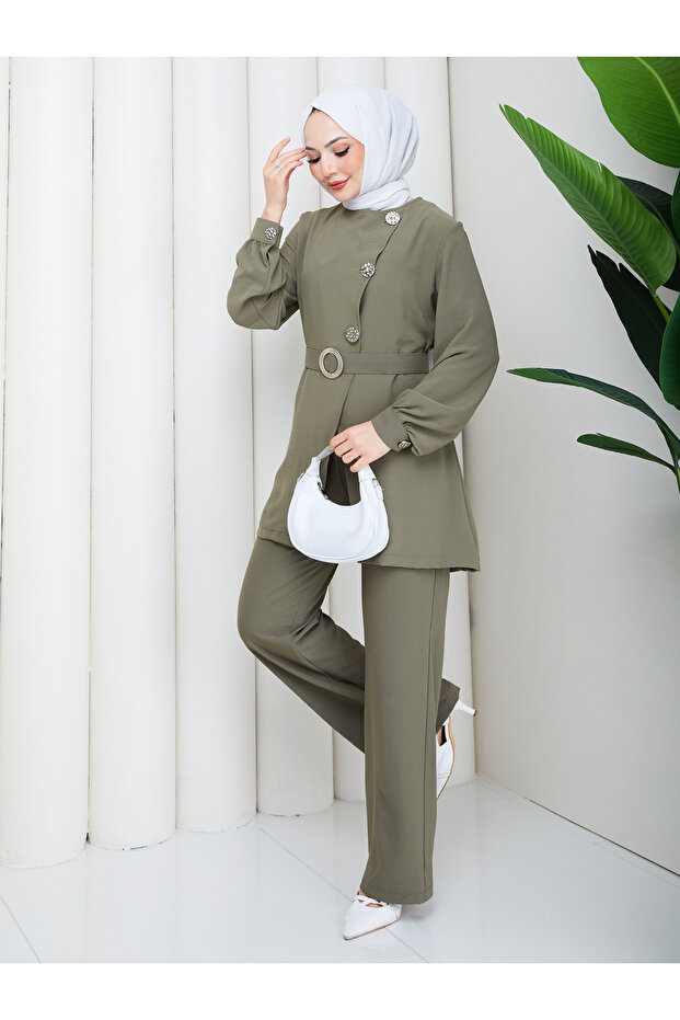 Women's Hijab Double Set Belted Tunic Trousers Silver Button Detailed Stylish Daily Office Event Combination