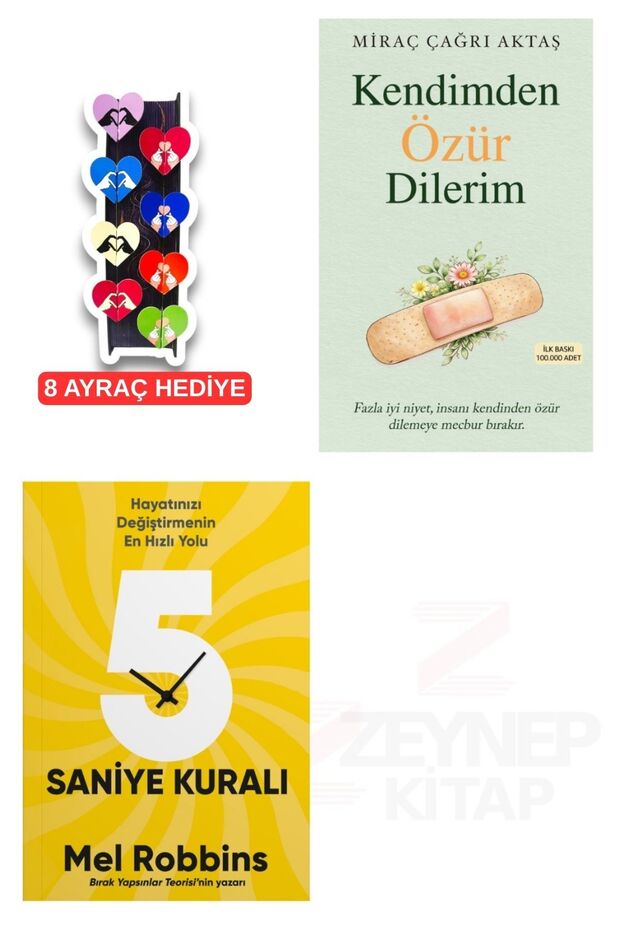 Kendimden Özür Dilerim-5 Saniye Kuralı-2 Kitap Set-8'li Özel Tasarım Kalp Ayraç Hediyeli