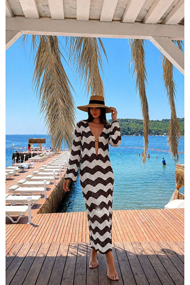 Wave Striped Cotton Openwork Beach Dress - 5