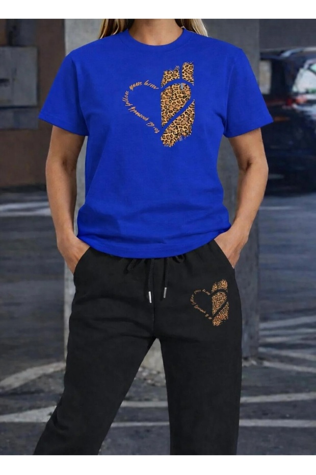 T-Shirt Sweat Suit Set Leopard Heart Printed Unisex