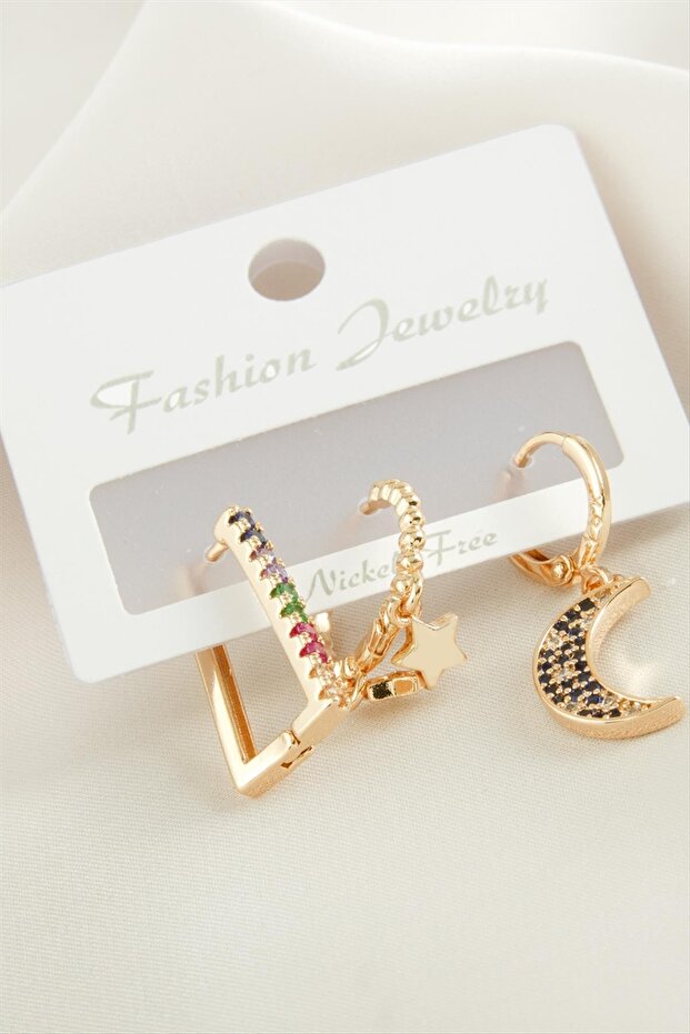 Ilkeshop 3 Pieces Crescent Zircon (05944) Stone Earrings-Yellow