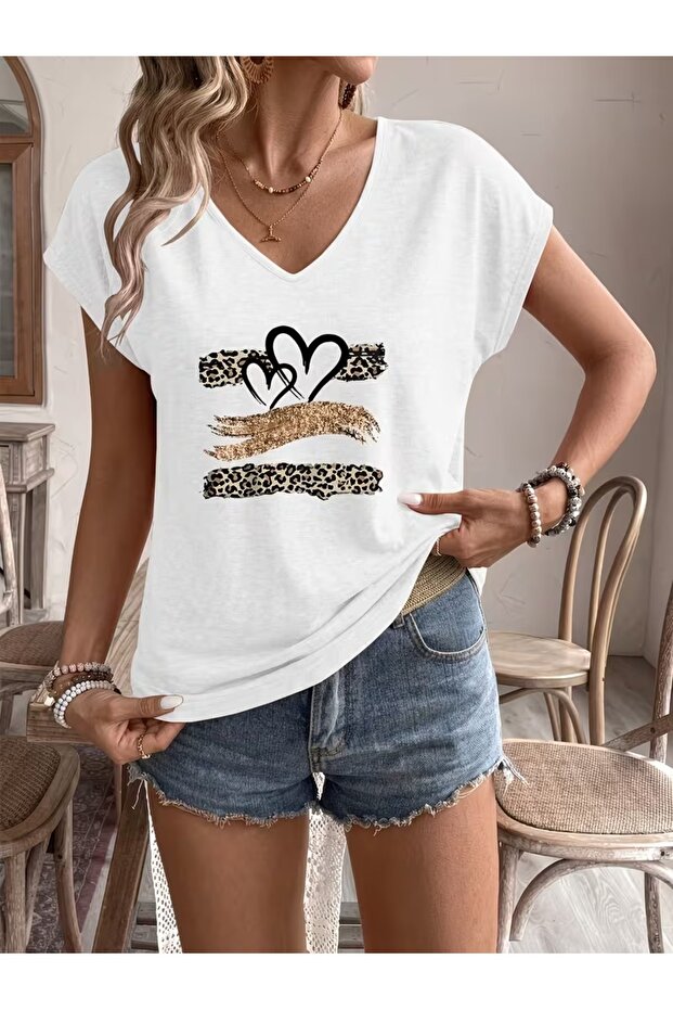 Women's Comfortable Fit V-Neck Tshirt Mixed Printed Tshirt