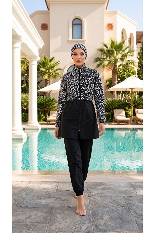 Zebra Beli 3-Piece Fully Covered Hijab Swimsuit Burkini Made of Water-Repellent Fabric with Adjustable Elastic