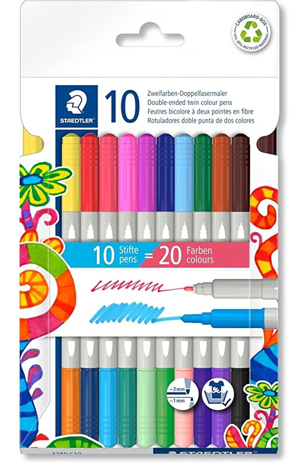 3280 C 10 Twin-Colour, Double-Ended Fibre-Tip Pens - 20 Assorted Colours (Pack of 10)