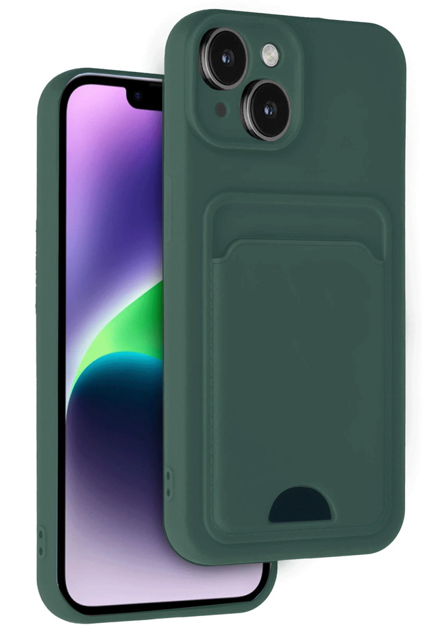 Ilkeshop New iPhone 14 Case Kelvin Silicone with Business Card Holder - (192139) Dark Green