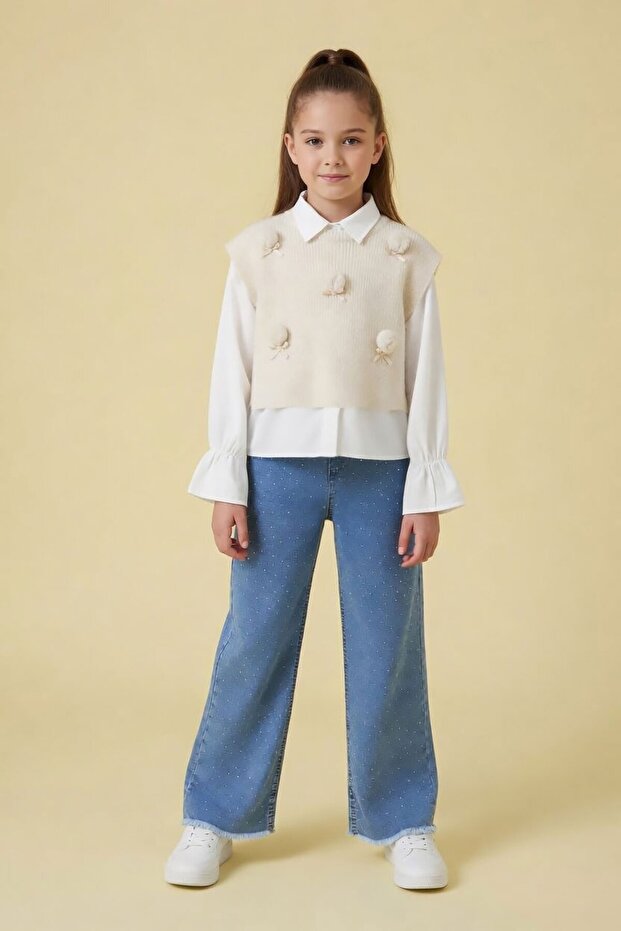 Girl's 3-Piece Set with Cream Pompom Sweater, Shirt and Jeans 24110