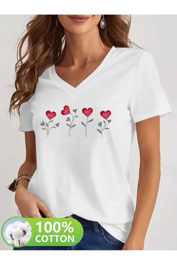 Women's Comfortable Fit V-Neck Tshirt Mixed Printed Tshirt