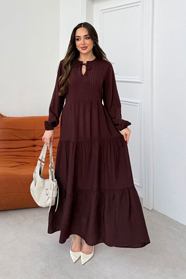 Women's Brown Layered Flounce Ribbed Hijab Dress