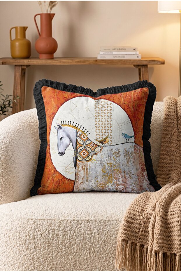 Abstract Pattern Fringed Cushion Cover with Horse and Bird Figures - Orange Bohemian Cover