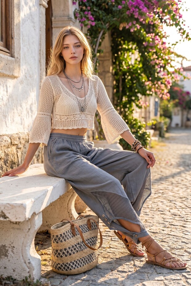 Alaçatı Linen Gray Elastic Waist Buttoned Mesh Linen Shalwar Trousers
