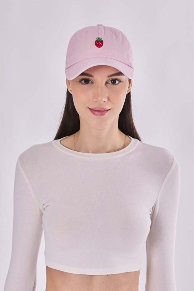 Powder Pink Unisex Strawberry Embroidered Cotton Baseball Cap