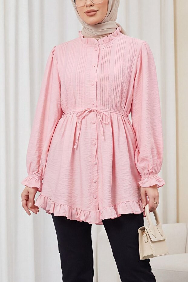 Ribbed Cupra Tunic with Elastic Sleeves and Ruffle Detail - Pink