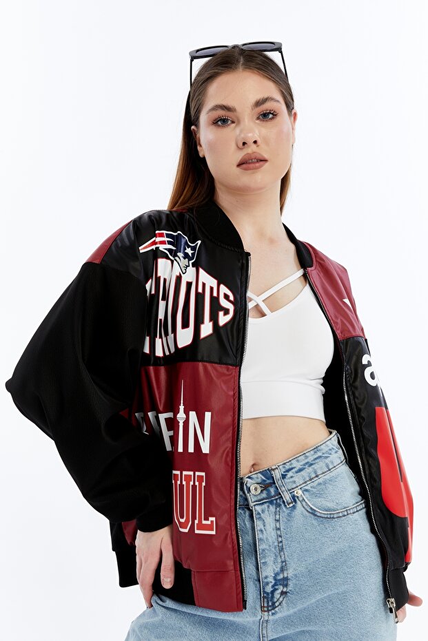 Women's Oversize Printed Leather Biker Coat Zippered Racer Jacket Lined Bomber College Coat Daily Use Red