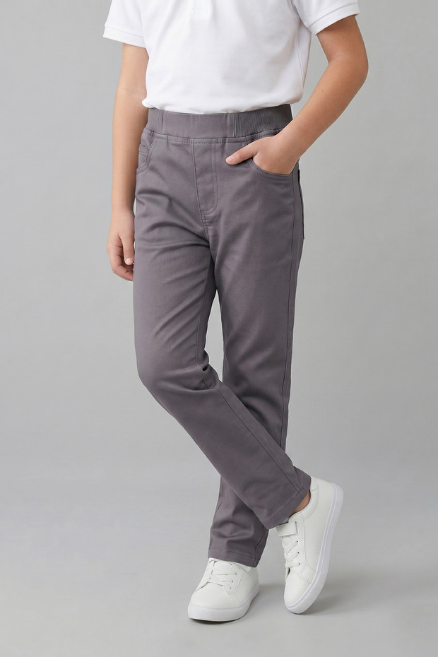 Boys' Gray Ribbed Waist Canvas School Pants - with Pockets for School and Daily Use