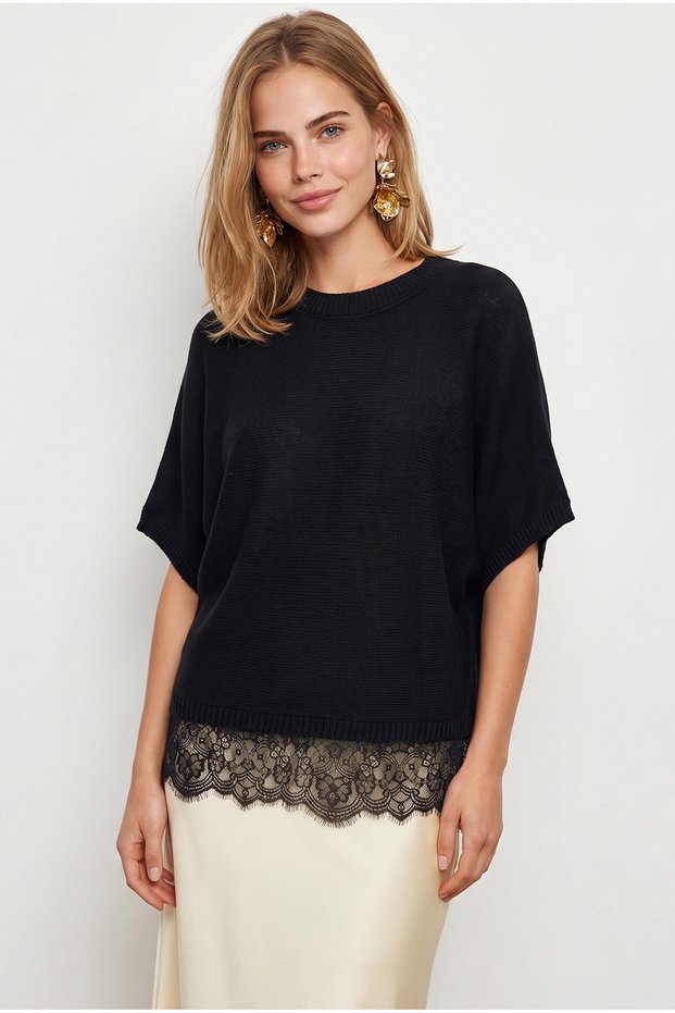 Women's Black Crew Neck Lace Detailed Loose Fit Knitwear Blouse Blz-19003356