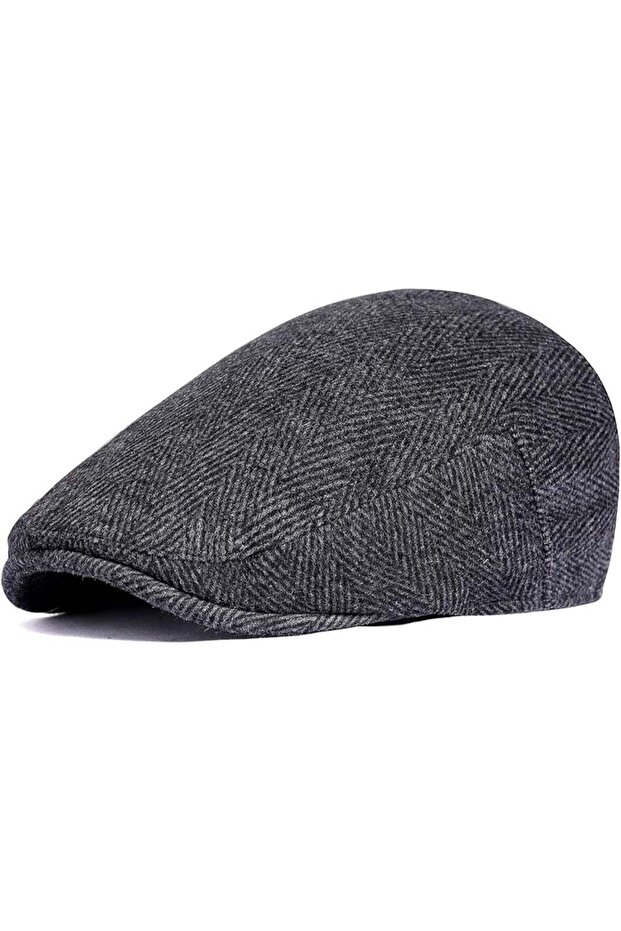 Classic Herringbone Wool Tweed Flat Gatsby Newsboy Ivy Cap (Grey)
