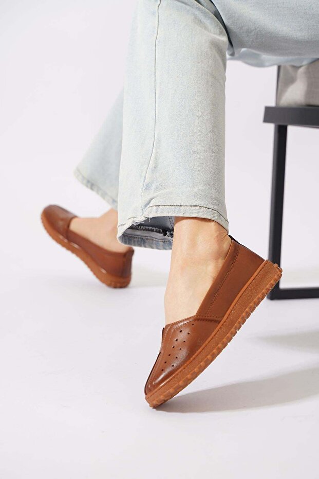 Heyes V Elastic Rubber Sole Women's Genuine Leather Shoes Tan Skin