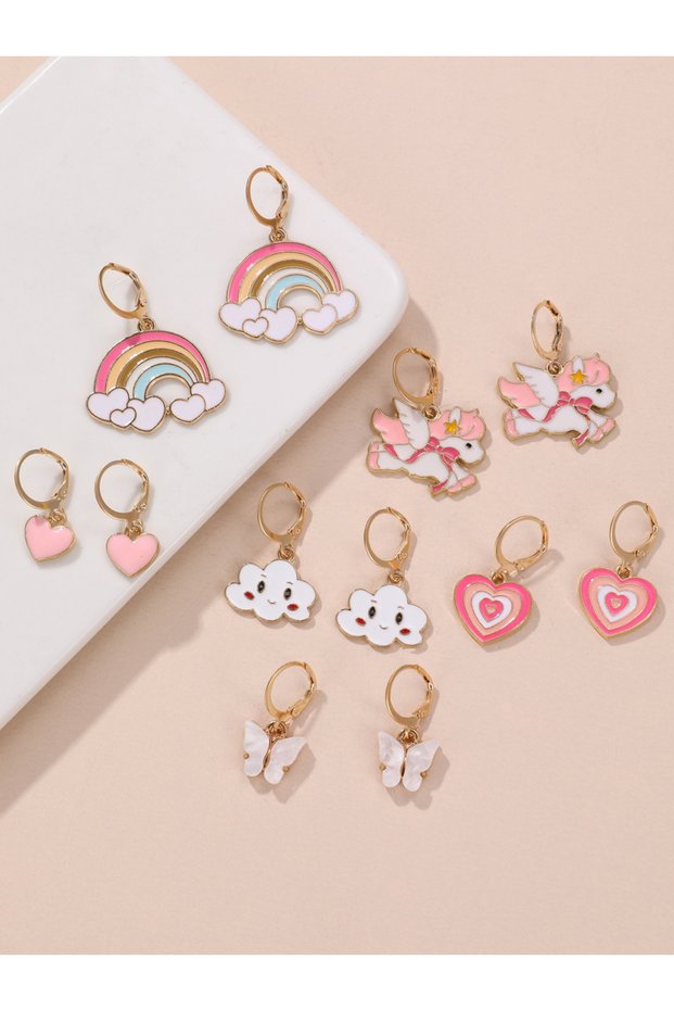 Pack of 6 - Pink and Gold Charm Earrings