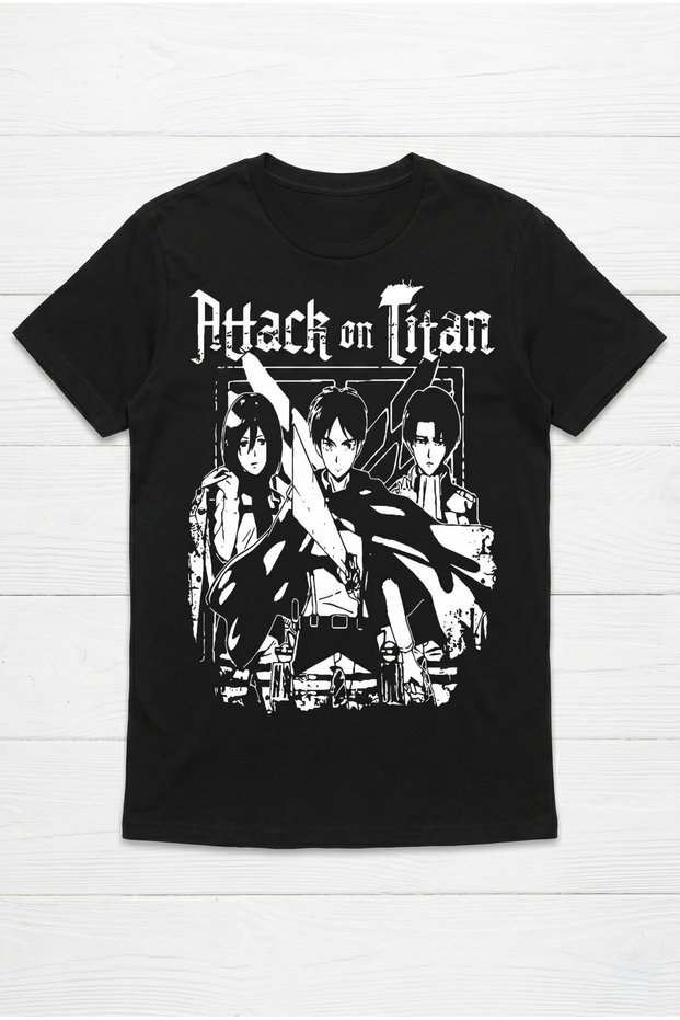 Attack on Titan Eren Mikasa Levi Character Design Black Standard Fit T-Shirt
