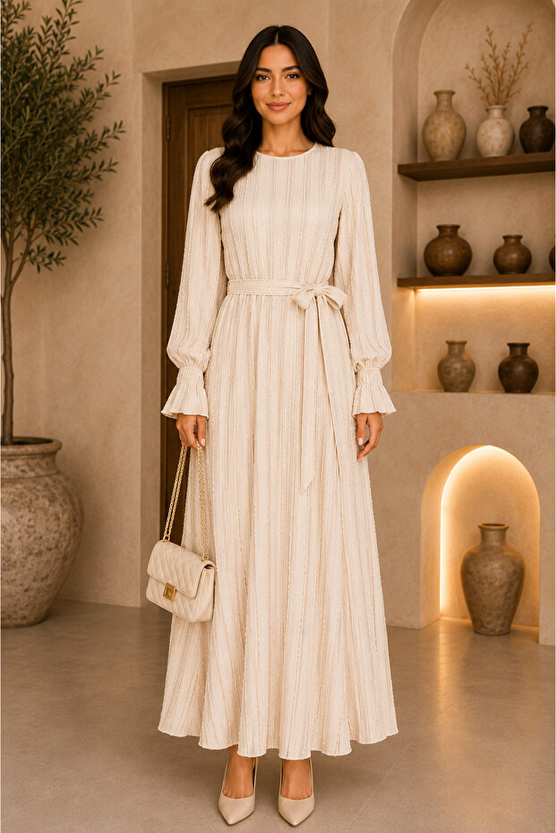 Premium Ruffled Textured Belted Dress