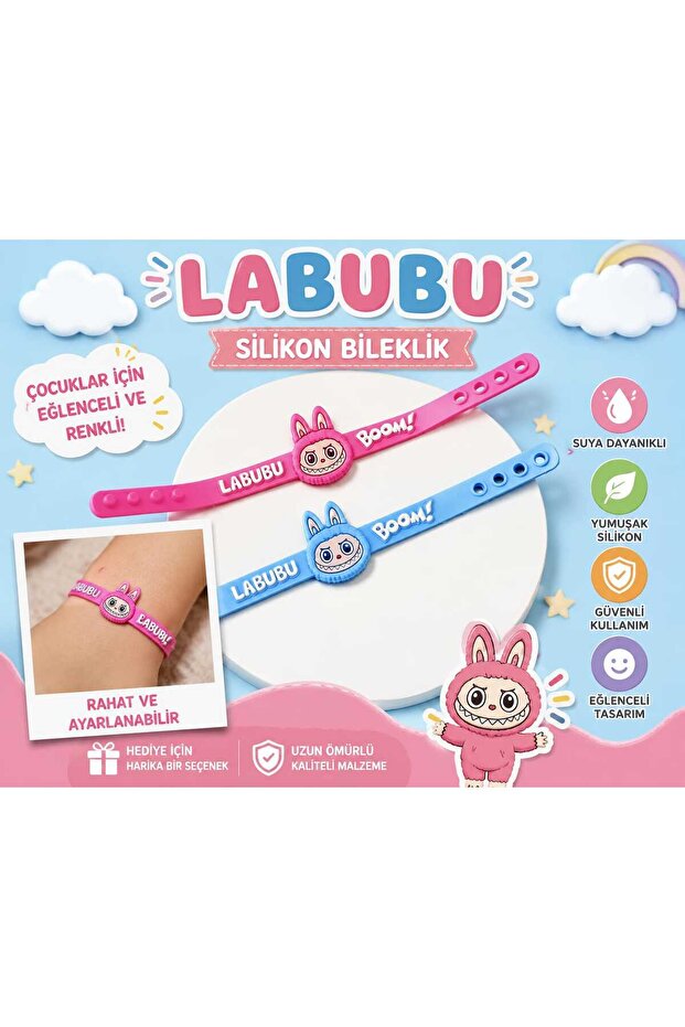 Labubu Silicone Waterproof Bracelet Pink and Blue Set of Two Comfortable Adjustable Cord and Snap Buckle Gift